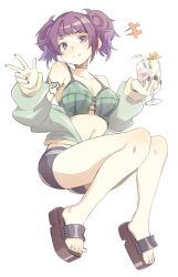 Rule 34 | 1girl, bare shoulders, bikini, black nails, black shorts, blush, breasts, choker, cleavage, closed mouth, collarbone, cup, diagonal bangs, drinking straw, eitopondo, flower, green bikini, green jacket, highres, holding, holding cup, ice, ice cube, idolmaster, idolmaster shiny colors, invisible chair, jacket, knees together feet apart, long hair, long sleeves, looking at viewer, medium breasts, navel, off shoulder, pink nails, purple eyes, purple hair, sandals, short twintails, shorts, simple background, sitting, smile, solo, swimsuit, tanaka mamimi, tropical drink, twintails, w, white background