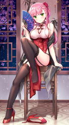 Rule 34 | arm support, azur lane, black legwear, black panties, blush, breasts, china dress, chinese clothes, cleavage cutout, closed mouth, clothing cutout, dress, earrings, feet, flower, folding fan, garter straps, green eyes, hair flower, hair ornament, hairclip, hand fan, high heels, highres, holding, holding fan, indoors, jewelry, knee up, large breasts, looking at viewer, memphis (azur lane), neck ribbon, panties, pelvic curtain, pink dress, pink hair, pumps, red footwear, ribbon, shawl, unworn shoe, shoes, unworn shoes, sidelocks, signature, silveroid, single shoe, sitting, smile, stiletto heels, taut clothes, taut dress, thighhighs, toes, underbust, underwear