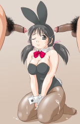 Rule 34 | 1girl, animal ears, bare shoulders, black eyes, black hair, breasts, rabbit, censored, cleavage, clothed female nude male, cum, cum on body, cum on lower body, cum string, facial, fake animal ears, highres, large breasts, long hair, medium breasts, nude, one eye closed, orange brand, pantyhose, penis, playboy bunny, plump, rabbit ears, solo focus, tail, testicles, twintails, wink