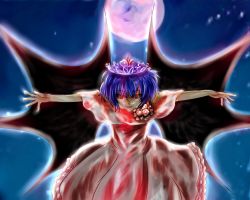 Rule 34 | 1girl, alternate costume, ash (ashponmomo), aura, bat wings, blood, blood on clothes, blue hair, capelet, corsage, dress, fang, fang out, fangs, full moon, glowing, glowing eyes, looking at viewer, moon, night, outdoors, outstretched arms, red eyes, red moon, remilia scarlet, short hair, smile, solo, spread arms, tiara, touhou, wings