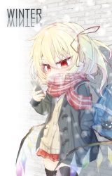 Rule 34 | 1girl, absurdres, bad id, bad pixiv id, bag, black coat, black thighhighs, blonde hair, blush, bookbag, breath, cardigan, cellphone, coat, covered mouth, crystal, day, diagonal stripes, flandre scarlet, hair between eyes, hair ribbon, highres, holding, holding phone, long hair, musao, nail polish, one side up, open clothes, open coat, outdoors, phone, plaid, plaid scarf, pleated skirt, pointy ears, red eyes, red nails, red ribbon, red scarf, red skirt, ribbon, scarf, school bag, skirt, smartphone, snowing, solo, striped neckwear, thighhighs, touhou, wings