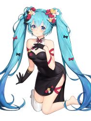 Rule 34 | 1girl, absurdres, aqua eyes, aqua hair, asymmetrical gloves, black gloves, blue eyeshadow, blue hair, bow, china dress, chinese clothes, dress, eyeshadow, flower, frown, full body, gloves, hair between eyes, hair bow, hair flower, hair ornament, hand on own chest, hatsune miku, highres, kneeling, knees together feet apart, leaning forward, long hair, makeup, mismatched gloves, monini, simple background, single thighhigh, solo, thighhighs, twintails, very long hair, vocaloid, white background, white thighhighs, ||/