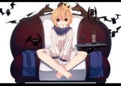 Rule 34 | 1girl, alcohol, androgynous, barefoot, bat (animal), belt, blonde hair, blood, couch, crown, cup, fuurin (omaemona), mina harker (fuurin), original, red eyes, scarf, short hair, sitting, sleeves past wrists, solo, wine
