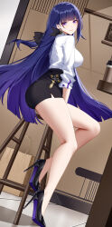 Rule 34 | 1girl, absurdres, bag, black footwear, black skirt, blue eyes, blue soles, breasts, chinese commentary, closed mouth, commentary request, from side, full body, high heels, highres, honkai (series), honkai impact 3rd, large breasts, legs, long hair, long legs, long sleeves, looking at viewer, looking to the side, patent heels, pumps, purple hair, raiden mei, raiden mei (apho), shirt, shirt tucked in, shoes, sitting, skirt, smile, solo, stiletto heels, stool, thighs, white shirt, wu ganlan cai