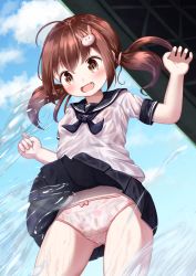 Rule 34 | 1girl, ahoge, animal print, black neckerchief, black sailor collar, black skirt, blue sky, blush, bow, bow panties, breasts, brown eyes, brown hair, carrot print, clothes lift, cloud, cloudy sky, commentary request, day, fang, food print, gluteal fold, hair between eyes, hair ornament, hands up, highres, mochiyuki, neckerchief, open mouth, original, outdoors, panties, pleated skirt, print panties, rabbit hair ornament, rabbit panties, rabbit print, sailor collar, school uniform, see-through, serafuku, shirt, short sleeves, skirt, skirt lift, sky, small breasts, solo, twintails, underwear, water, wavy mouth, wet, wet clothes, wet panties, wet shirt, white panties, white shirt