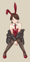 Rule 34 | 1girl, absurdres, alternate costume, animal ears, black jacket, breasts, brown background, brown eyes, brown hair, chagamaka, coat, detached collar, facing viewer, fake animal ears, full body, highres, jacket, kantai collection, leotard, looking to the side, necktie, pantyhose, playboy bunny, ponytail, rabbit ears, red footwear, red leotard, red necktie, shikinami (kancolle), short hair, sideways glance, simple background, sitting, small breasts, solo, strapless, strapless leotard, winter clothes, winter coat