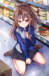 Rule 34 | 1girl, ankle boots, black skirt, blue ribbon, blue shirt, boots, brown footwear, brown hair, commentary request, cup ramen, donbee (food), donbei kitsune udon, donbei tempura soba, employee uniform, food, hachimaki, headband, high ponytail, highres, indoors, instant soba, instant udon, japanese clothes, kantai collection, long hair, looking at viewer, nissin cup noodle, nissin donbei, noodles, official alternate costume, pack noodles, ponytail, ramen, red eyes, ribbon, shirt, sitting, skirt, skirt tug, smile, solo, striped clothes, striped ribbon, striped shirt, taro (ultrataro), tile floor, tiles, uniform, vertical stripes, wariza, white ribbon, zuihou (kancolle)