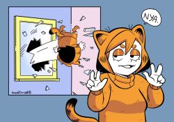 1girl :d absurdres animal_ears artist_name black_eyes black_hair blue_background breaking_through_window breasts cat_ears cat_girl cat_tail colored_skin commentary double_w english_commentary eyeshadow garfield garfield_(character) hair_between_eyes hands_up highres humanization kermittend long_sleeves looking_at_viewer makeup medium_breasts multicolored_hair no_shoes nose open_mouth orange_eyeshadow orange_hair orange_shorts orange_socks orange_sweater short_hair shorts signature simple_background smile socks speech_bubble sweater tail talking thick_eyebrows turtleneck twitter_username two-tone_hair upper_body upside-down w white_skin window