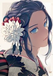 Rule 34 | 1girl, ainu, alternate costume, asirpa, blue eyes, blue hair, bug, butterfly, closed mouth, ear piercing, earrings, flower, framed, from side, golden kamuy, grey background, hair flower, hair ornament, bug, japanese clothes, jewelry, kimono, lips, long hair, looking at viewer, piercing, sidelocks, simple background, symbol-only commentary, tr (lauralauraluara), upper body, white background, white flower, yukata