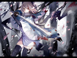 Rule 34 | 1girl, arm guards, armor, black legwear, blood, blood on clothes, blood on face, cherry blossoms, commentary, falling petals, fate/grand order, fate (series), fighting stance, forest, haori, holding, holding sword, holding weapon, japanese armor, japanese clothes, katana, kimono, kote, letterboxed, long sleeves, mamenomoto, nature, okita souji (fate), okita souji (koha-ace), petals, platinum blonde hair, scarf, shin guards, short kimono, snow, snowing, solo, suneate, sword, tree, weapon, wide sleeves, winter, yellow eyes