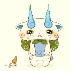 Rule 34 | 10s, :&lt;, ayu (mog), blush, crying, food, furoshiki, ice cream, ice cream cone, komasan, looking at viewer, no humans, simple background, solo, spill, tears, traditional youkai, youkai watch
