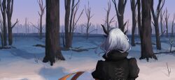 Rule 34 | 1girl, absurdres, ahoge, arknights, bare tree, black dress, dress, evening, facing away, forest, from behind, grey hair, grey sky, highres, nature, outdoors, sky, solo, talulah (arknights), tree, winter, yuec202108