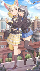 Rule 34 | 10s, 2girls, :3, :d, :o, ^ ^, alternate costume, animal ears, bag, black hair, blazer, blonde hair, blue bow, blue bowtie, blue skirt, blush, bow, bowtie, branch, building, buttons, cellphone, checkered clothes, checkered skirt, city, cloba (daeniel811015), closed eyes, common raccoon (kemono friends), contemporary, copyright name, day, double-breasted, fang, fennec (kemono friends), flower, fox ears, fox tail, full body, gradient hair, grey hair, handbag, happy, highres, hug, hug from behind, jacket, japari symbol, kemono friends, kneehighs, lily (flower), long sleeves, looking at another, multicolored hair, multiple girls, open mouth, outdoors, patch, phone, plaid, plaid skirt, pleated skirt, raccoon ears, raccoon tail, railing, road, sandstar, school uniform, serafuku, short hair, skirt, sky, smile, socks, tail, text focus, thighhighs, tiptoes, two-tone hair, walking, white hair, yellow bow, yellow bowtie, yellow skirt, zettai ryouiki, |d