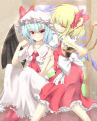 Rule 34 | 2girls, aibumi, ascot, bad id, bad pixiv id, bat wings, blonde hair, blue hair, blush, bow, female focus, flandre scarlet, hair bow, hands on lap, hat, hat bow, highres, large bow, light smile, multiple girls, naughty face, no headwear, no headwear, pen-zin, red eyes, remilia scarlet, short hair, siblings, side ponytail, sisters, sitting, skirt, skirt set, smile, touhou, window, wings