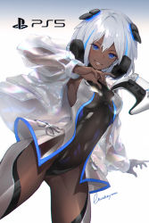 Rule 34 | 1girl, artist name, blue eyes, breasts, commentary, controller, dark-skinned female, dark skin, game console, gradient background, hair ornament, headgear, highres, jacket, joystick, leotard, lips, logo, long sleeves, looking at viewer, lucidsky, medium breasts, multicolored hair, open clothes, open jacket, original, parted lips, personification, playstation 5, playstation symbols, see-through, short hair, signature, silver hair, simple background, skin tight, smile, solo, white background