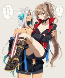 Rule 34 | 2girls, amazuki jou, anchor earrings, anger vein, asymmetrical footwear, azur lane, body markings, boots, carrying, center opening, choker, dark-skinned female, dark skin, earrings, facial mark, feather hair ornament, feathers, forehead mark, gloves, hair ornament, half gloves, high heel boots, high heels, highres, jacket, jean bart (azur lane), jewelry, knee boots, light brown hair, long hair, massachusetts (azur lane), micro shorts, multiple girls, nail polish, native american, off shoulder, orange eyes, ponytail, princess carry, red eyes, shorts, single knee boot, striped clothes, striped thighhighs, thighhighs, thighlet, translated, uneven footwear, vertical-striped clothes, vertical-striped thighhighs, white hair, white nails, yuri