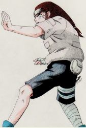 Rule 34 | 1boy, artist request, bandages, black hair, headband, highres, hyuuga neji, legs, long hair, male focus, naruto, naruto (series), ninja, open mouth, scar, shirt, shoes, shorts, simple background, solo, spread legs, standing, veins, white eyes