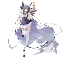Rule 34 | 1girl, apron, aqua eyes, azur lane, black footwear, blue hair, breasts, cake, cake slice, catsmoon, cheshire (azur lane), cleavage, closed mouth, commentary request, cream, dress, earrings, food, fruit, full body, green hair, hair ornament, hand on own hip, highres, holding, holding tray, ice cream, jewelry, leg up, long legs, looking at viewer, maid, medium breasts, multicolored hair, orange (fruit), orange slice, puffy sleeves, shoes, short dress, short hair, skirt, smile, solo, standing, standing on one leg, thighhighs, thighs, tray, white background, white thighhighs, wrist cuffs, zettai ryouiki