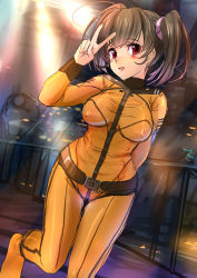 Rule 34 | 10s, 1girl, :d, akasaai, blush, bodysuit, brown hair, highres, misaki yuria, open mouth, red eyes, shiny clothes, sketch, skin tight, smile, solo, twintails, uchuu senkan yamato, uchuu senkan yamato 2199, uniform, v