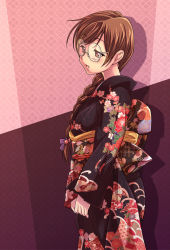 Rule 34 | 1girl, braid, brown eyes, brown hair, e20, female focus, glasses, japanese clothes, kimono, solo