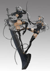 Rule 34 | 2girls, ass, asymmetrical footwear, back cutout, battle, black dress, black gloves, boots, breasts, chain, clothes lift, clothing cutout, dress, dress lift, dual wielding, elbow gloves, eye contact, gloves, gradient background, hairband, high heels, highres, holding, kww868, leotard, long hair, looking at another, medium breasts, multiple girls, nier:automata, nier (series), no bra, panties, pantyshot, puffy sleeves, short dress, short hair, silver hair, simple background, sword, thigh boots, thighhighs, thong leotard, toeless footwear, torn clothes, underwear, uneven footwear, weapon, white panties, 2b (nier:automata), a2 (nier:automata)