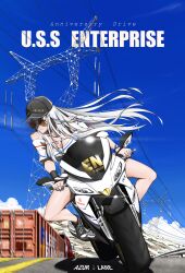 Rule 34 | 1girl, absurdres, azur lane, baseball cap, cloud, driving, english text, enterprise (anniversary ride) (azur lane), enterprise (azur lane), guard rail, hat, highres, jewelry, kangkehuohuohuo, leaning to the side, long hair, motor vehicle, motorcycle, necklace, off-shoulder shirt, off shoulder, official alternate costume, on motorcycle, power lines, scenery, semi truck, shipping container, shirt, sky, solo, sunglasses, transmission tower, truck, white hair