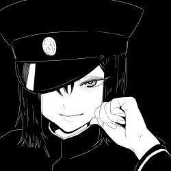 Rule 34 | 1girl, absurdres, akitsu maru (kancolle), black background, black hair, black hat, black theme, greyscale, hair between eyes, hand on own cheek, hand on own face, hat, hat over one eye, highres, kantai collection, limited palette, looking at viewer, military, military hat, military uniform, monochrome, peaked cap, red eyes, school uniform, short hair, sidelocks, smile, solo, tocky, uniform, upper body
