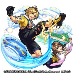 Rule 34 | 10s, ball, beach, blitzball, blonde hair, brown hair, final fantasy, final fantasy x, gloves, heterochromia, looking at viewer, lowres, monster strike, official art, solo, tidus, transparent background, water, wide sleeves, yuna