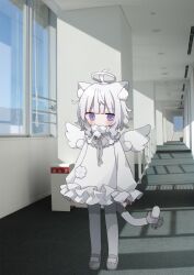 Rule 34 | 1girl, ahoge, animal ear fluff, animal ears, bell, blue sky, blush, bow, cat ears, cat girl, cat tail, closed mouth, commentary request, day, detached wings, dress, grey bow, grey footwear, grey hair, grey pantyhose, halo, highres, indoors, jingle bell, long sleeves, looking at viewer, mini wings, nakkar, neck bell, original, pantyhose, photo background, puffy long sleeves, puffy sleeves, purple eyes, shoes, sky, sleeves past wrists, solo, standing, tail, tail bell, tail bow, tail ornament, twitter username, white dress, white wings, window, wings