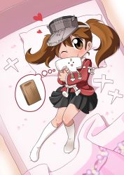 Rule 34 | 1girl, bed, brown eyes, brown hair, coffgirl, commission, cutting board, heart, highres, japanese clothes, kantai collection, kariginu, hugging object, one eye closed, pillow, pillow hug, ryuujou (kancolle), shikigami, skirt, thought bubble, twintails, white legwear