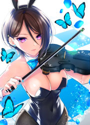 Rule 34 | 1girl, animal ears, asymmetrical hair, bang dream!, bare shoulders, black hair, blue bow, blue butterfly, blue nails, blue neckwear, bow, bow (music), breasts, bug, butterfly, cleavage, collarbone, covered navel, detached collar, earrings, fake animal ears, hair between eyes, headband, highres, holding, insect, instrument, jewelry, large breasts, leotard, looking at viewer, nail polish, pantyhose, parted lips, pink eyes, playboy bunny, rabbit ears, short hair, solo, tiles, tsurugi hikaru, violin, yashio rui