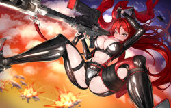Rule 34 | 1girl, absurdres, aircraft, anti-materiel rifle, arm up, belt, black belt, black footwear, black gloves, black jacket, black pants, boots, breasts, bullpup, cleavage, cloud, cloudy sky, commentary, cropped jacket, crotch plate, dusk, fingerless gloves, full body, glint, gloves, goddess of victory: nikke, grin, gun, h.kai, hair between eyes, helicopter, high heel boots, high heels, highres, hip vent, holding, holding gun, holding weapon, holster, horns, jacket, large breasts, leather, leather jacket, leather pants, long hair, long sleeves, mechanical horns, navel, outdoors, pants, rapture (nikke), red hair, red hood (nikke), red jacket, red scarf, rifle, scarf, sidelocks, sky, smile, sniper rifle, solo, spread legs, stomach, suspenders, teeth, thigh holster, unworn jacket, unzipped, weapon, yellow eyes
