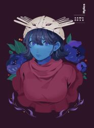 Rule 34 | 1girl, black background, black hair, blue eyes, blue flower, blue skin, capelet, character name, colored skin, copyright name, cropped torso, fake horns, flower, highres, horned headwear, horns, hylics, leaf, looking at viewer, potepotekosam, red capelet, short hair, skull on head, solo, somsnosa, upper body