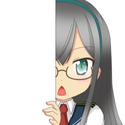 Rule 34 | 10s, 1girl, black hair, glasses, green eyes, hairband, kantai collection, long hair, looking at viewer, nagineko, ooyodo (kancolle), open mouth, peeking out, rimless eyewear, school uniform, solo, transparent background, triangle mouth