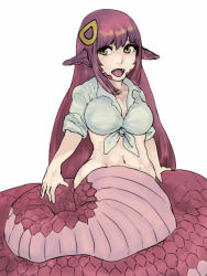 Rule 34 | 10s, 1girl, bad id, bad pixiv id, breasts, fangs, lamia, large breasts, long hair, miia (monster musume), monster girl, monster musume no iru nichijou, navel, njoy, pointy ears, red hair, scales, shirt, sleeves rolled up, slit pupils, snake tail, solo, tail, tied shirt, yellow eyes