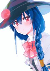 Rule 34 | 1girl, alternate hairstyle, black headwear, blue hair, bow, bowtie, braid, commentary request, food, fruit, highres, hinanawi tenshi, kosaka sakasa, leaf, long hair, looking at viewer, one-hour drawing challenge, parted lips, peach, red bow, red bowtie, red eyes, side braid, simple background, single braid, solo, touhou, upper body, white background