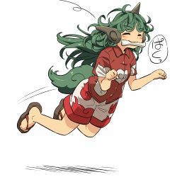 Rule 34 | 1girl, :3, ^ ^, blush, bone, clenched hands, closed eyes, curly hair, closed eyes, full body, green hair, horns, komano aunn, long hair, mouth hold, sandals, short sleeves, shorts, simple background, single horn, solo, touhou, white background, white shorts, yudepii