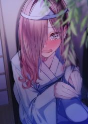 Rule 34 | 1girl, absurdres, alternate hairstyle, blurry, blurry foreground, blush, brown eyes, brown hair, commentary, cosplay, ghost costume, hair over one eye, highres, japanese clothes, kimono, long hair, looking at viewer, original, rinku (rin9), tears, triangular headpiece, wavy mouth
