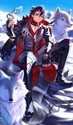 Rule 34 | 1boy, bandaged neck, bandages, black hair, cuffs, formal, genshin impact, handcuffs, highres, holding, holding handcuffs, jacket, koushuiba, mountain, multicolored hair, necktie, red necktie, scar, scar on neck, smile, snow, solo, streaked hair, suit, suit jacket, wolf, wriothesley (genshin impact)