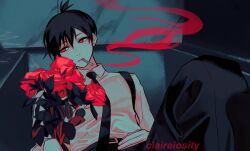 Rule 34 | 1boy, artist name, black hair, black necktie, black pants, chainsaw man, chest belt, claireiosity, collared shirt, earrings, flower, hayakawa aki, highres, jewelry, looking to the side, monochrome, necktie, pants, red eyes, red flower, red theme, shirt, shirt tucked in, short hair, smoke, smoking, solo, spot color, stud earrings, topknot, white shirt
