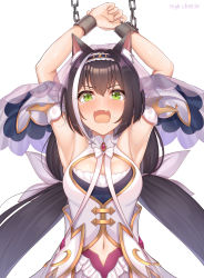 Rule 34 | 1girl, absurdres, animal ear fluff, animal ears, armpits, arms up, bdsm, black hair, blush, bound, bound wrists, breasts, cat ears, chain, chained, chained wrists, cleavage, dress, fang, green eyes, hair between eyes, hair ornament, hairband, highres, karyl (princess) (princess connect!), karyl (princess connect!), komainu (yamaha1997), long hair, looking at viewer, medium breasts, multicolored hair, navel, open mouth, princess connect!, simple background, skin fang, solo, streaked hair, sweat, tears, upper body, white background, white hair