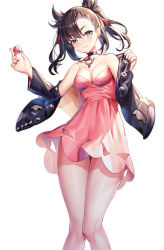 Rule 34 | 1girl, asymmetrical bangs, bare shoulders, black choker, black hair, black jacket, black nails, blush, breasts, choker, cleavage, closed mouth, collarbone, commentary request, creatures (company), dress, earrings, game freak, green eyes, hair ribbon, highres, holding, holding poke ball, jacket, jewelry, long hair, long sleeves, looking at viewer, marnie (pokemon), medium breasts, nail polish, nintendo, nose blush, off shoulder, open clothes, open jacket, pink dress, poke ball, poke ball (basic), pokemon, pokemon swsh, red ribbon, ribbon, ririko (zhuoyandesailaer), simple background, smile, solo, strapless, strapless dress, twintails, white background