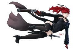 Rule 34 | 1girl, aiming, black footwear, black leotard, black ribbon, black thighhighs, breasts, choker, collarbone, floating hair, from side, full body, gloves, gun, hair between eyes, hair ribbon, handgun, high heels, high ponytail, highres, holding, holding weapon, leg up, leotard, lips, long hair, looking up, medium breasts, one eye closed, open mouth, ozkh, persona, persona 5, persona 5 the royal, pistol, red eyes, red gloves, red hair, ribbon, sheath, sheathed, simple background, smile, solo, thighhighs, thighs, weapon, white background, yoshizawa kasumi