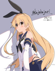 Rule 34 | 10s, 1girl, 2016, bad id, bad pixiv id, blonde hair, blush, brown eyes, dated, elbow gloves, gloves, hairband, kantai collection, kaze hiki, long hair, looking at viewer, shimakaze (kancolle), solo, thong, twitter username