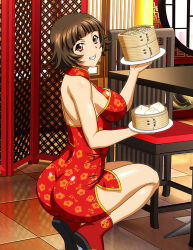 Rule 34 | 1girl, ass, bare arms, blunt bangs, breasts, brown hair, checkered floor, china dress, chinese clothes, chouhi ekitoku, dress, feet out of frame, floral print, from side, grin, holding, ikkitousen, indoors, large breasts, looking at viewer, print dress, red dress, red eyes, red footwear, shiny skin, short dress, short hair, shoulder blades, sideboob, sleeveless, sleeveless dress, smile, solo, squatting
