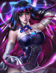 Rule 34 | 10s, 1girl, arm up, bare shoulders, black hair, blue eyes, bow, breasts, candy, choker, cleavage, colored inner hair, contrapposto, corset, cowboy shot, detached collar, elbow gloves, eyelashes, eyeliner, food, gloves, hair bow, hand in own hair, heart, large breasts, lips, lollipop, long hair, looking at viewer, makeup, multicolored background, multicolored hair, panty &amp; stocking with garterbelt, pink hair, purple hair, ribbon choker, sakimichan, solo, sparkle, standing, stocking (psg), thighhighs, two-tone hair, very long hair, watermark, web address