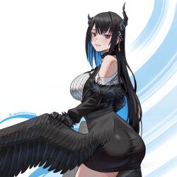 Rule 34 | 1girl, absurdres, ass, black feathers, black gloves, black hair, black wings, blue hair, breasts, colored inner hair, demon horns, feathers, gloves, grin, hair ornament, highres, hololive, hololive english, horns, large breasts, long hair, low wings, multicolored hair, nerissa ravencroft, nerissa ravencroft (1st costume), red eyes, seventeencrows, skirt, smile, solo, tassel, tassel hair ornament, taut clothes, taut skirt, teeth, very long hair, virtual youtuber, wings