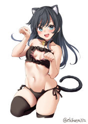 Rule 34 | 1girl, :d, animal ears, asashio (kancolle), bell, black bra, black hair, black panties, black thighhighs, blue eyes, blush, bra, breasts, cat cutout, cat ear panties, cat ears, cat lingerie, cat tail, cleavage cutout, clothing cutout, cowboy shot, cropped legs, ebifurya, extra ears, frilled bra, frills, groin, highres, jingle bell, kantai collection, kemonomimi mode, long hair, looking at viewer, meme attire, navel, neck bell, one-hour drawing challenge, open mouth, panties, paw pose, side-tie panties, simple background, small breasts, smile, solo, stomach, straight hair, tail, thighhighs, thighs, twitter username, underwear, white background