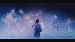 Rule 34 | 1girl, aerial fireworks, artist name, bare back, black hair, braid, city, commentary, dark skin, dress, ferris wheel, fireworks, flower, grass, hair ornament, highres, illumi999, looking up, night, night sky, original, signature, sky, solo, standing, symbol-only commentary, twin braids, twintails