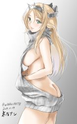 Rule 34 | 1girl, ass, backless dress, backless outfit, blonde hair, blush, breasts, butt crack, character name, dated, dress, green eyes, grey sweater, headgear, kantai collection, large breasts, lips, long hair, meme attire, naked sweater, nelson (kancolle), one-hour drawing challenge, parted lips, ribbed sweater, sideboob, simple background, sleeveless, solo, sweater, sweater dress, tororo ten, turtleneck, turtleneck sweater, twitter username, virgin killer sweater